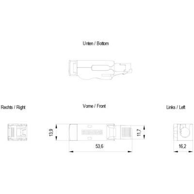 Technische Zeichnung eines Steckers mit Front- und Seitenansicht. Maße: 53,6 mm, 16,2 mm, 13,9 mm, 11,7 mm. Markiert mit 'Siemens'.