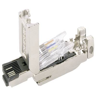 Metallischer Netzwerkkabelstecker, teilweise geöffnet. Zeigt bunte Drähte und Anschlüsse für die Verbindung in einem Datenkabel.