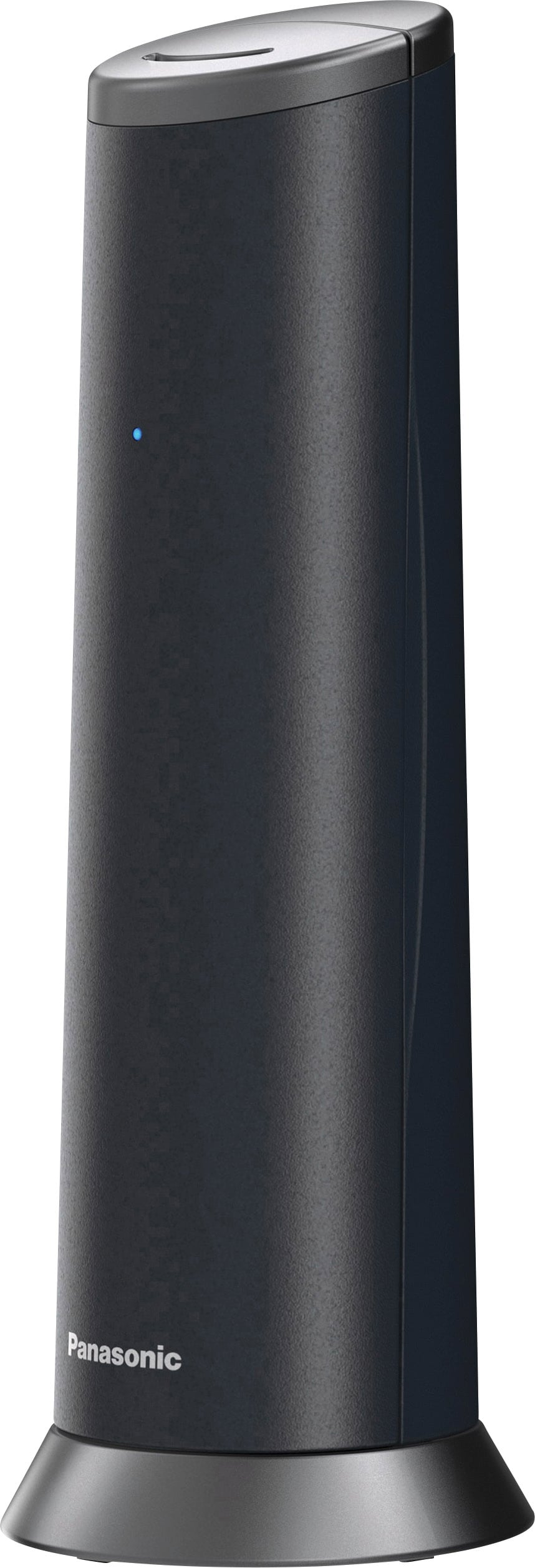 Ein schlanker, schwarzer, zylindrischer Luftreiniger mit einem kleinen blauen Licht vorne und einer Aufschrift 'Panasonic' unten.