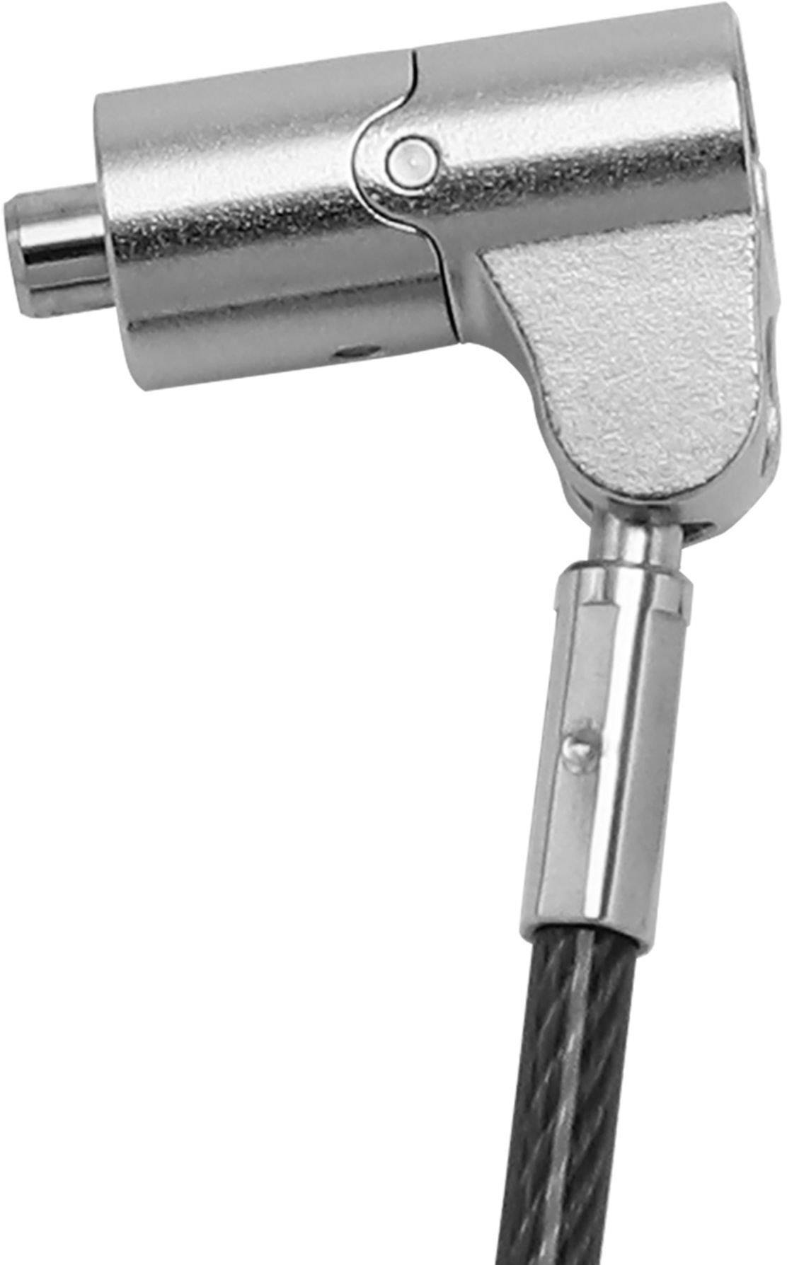 Ein silberfarbenes Schloss mit einem Kabelverbindungsteil, das als Sicherungsmechanismus für Geräte verwendet wird.