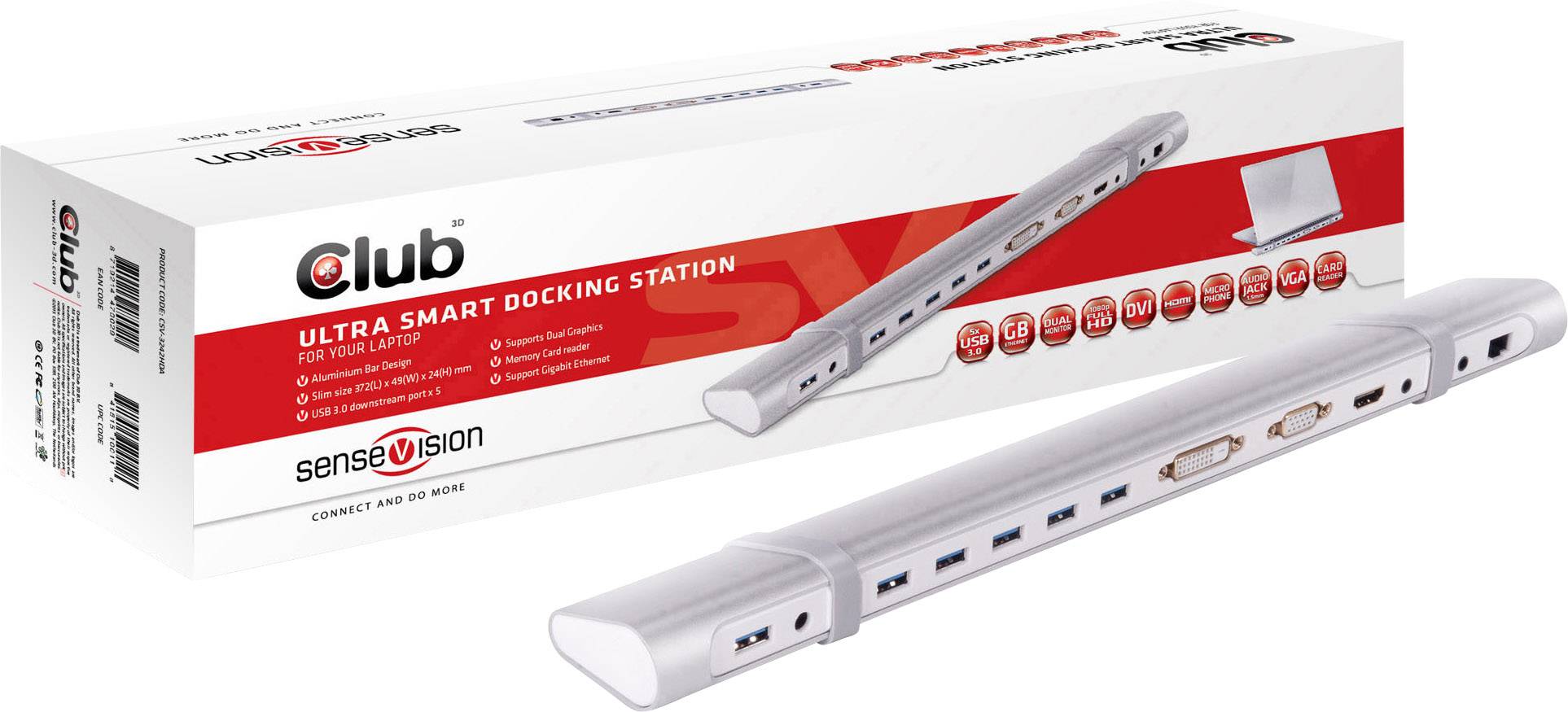Club3D SenseVision USB 3.0 Ultra Smart - Dockingstation - USB - VGA, DVI, HDMI - GigE - 36 Watt