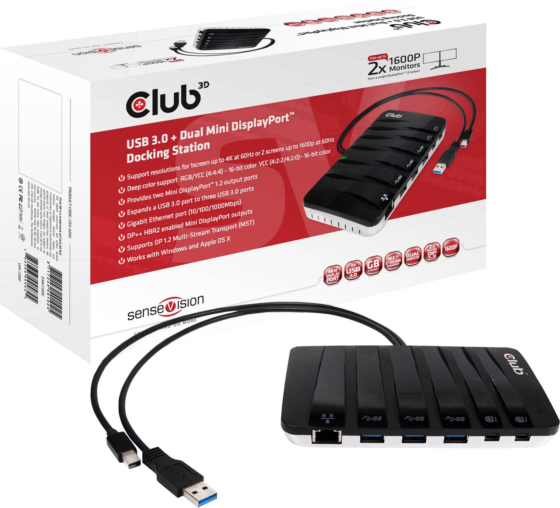 Club 3D SenseVision USB3.0 Y-Cabled Docking Station Wired USB 3.2 Gen 1 3.1 Gen 1 Type-A + Mini