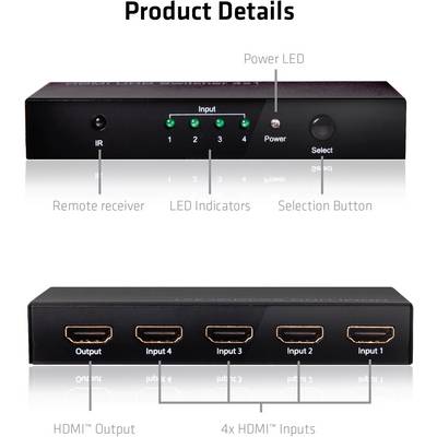 'Produktdetails: HDMI-Switch mit 4 Eingängen und 1 Ausgang. Infrarotempfänger, LED-Anzeigen, Auswahlknopf und Power-LED sichtbar.'