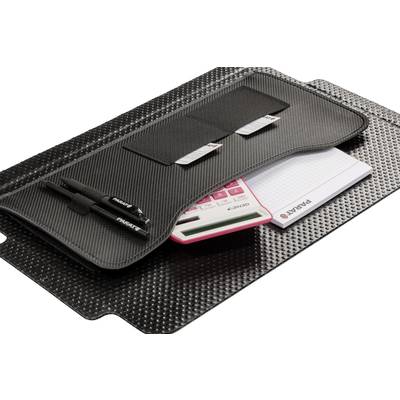 Dokumentenmappe aus schwarzem Material mit zwei Fächern, enthält Stifte, Taschenrechner und Notizblock.