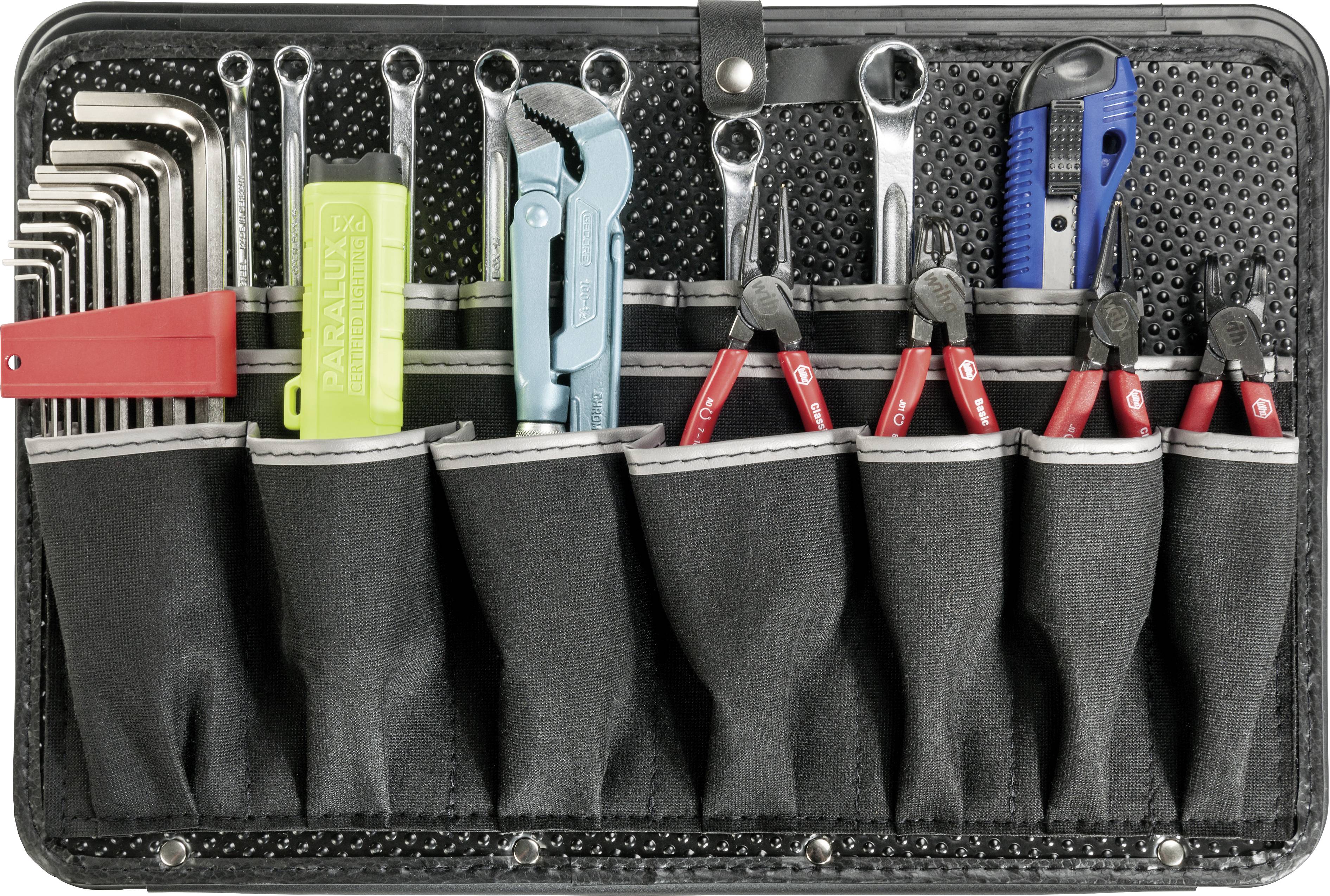 Werkzeugset mit Schraubenschlüsseln, Zangen, Schraubendrehern und einem Cuttermesser, organisiert in einer schwarzen Tasche.