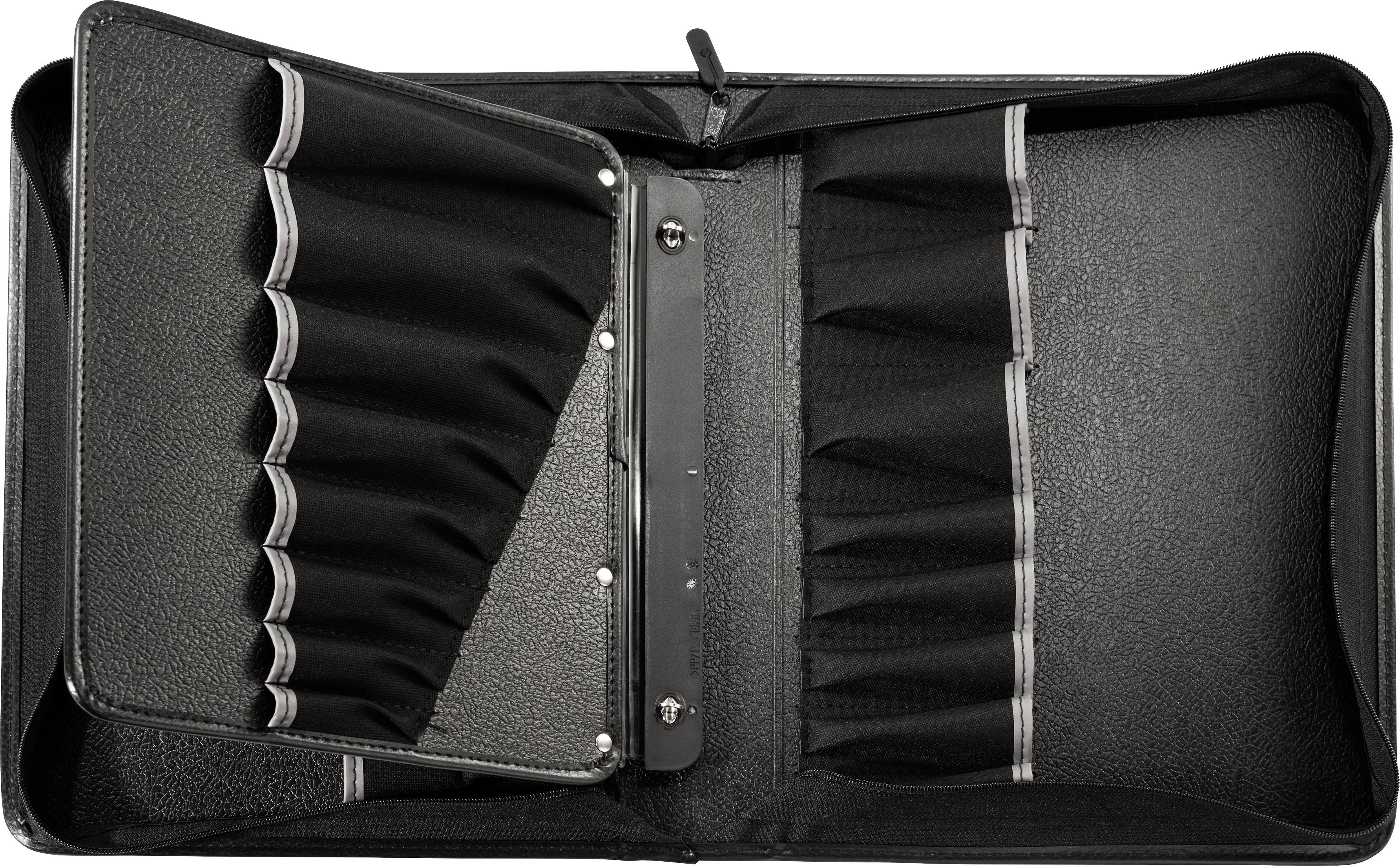 'Schwarzes, aufklappbares Etui mit mehreren Taschen und Fächern, zum Aufbewahren von Werkzeugen oder Zubehör.'