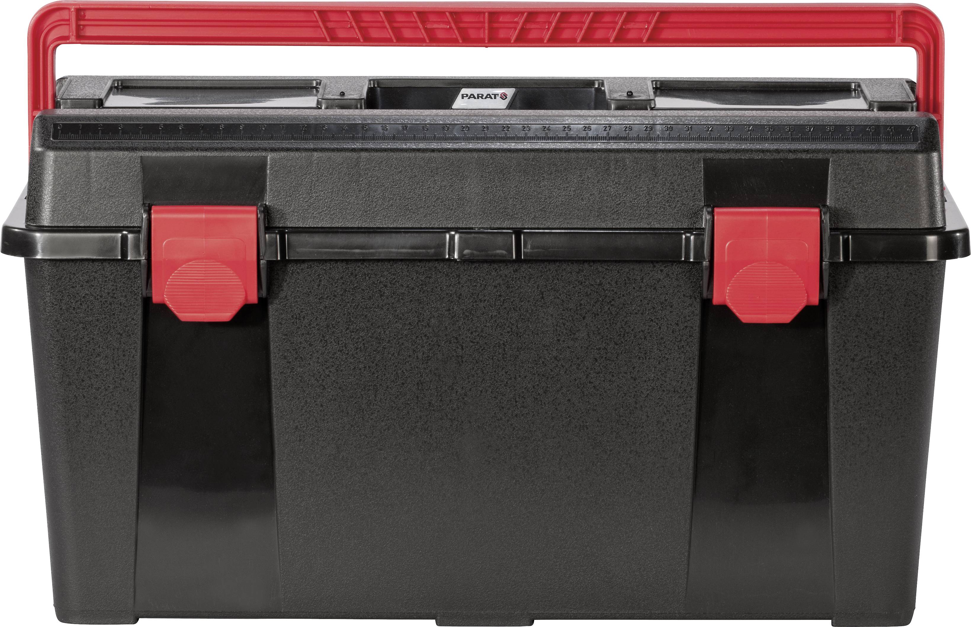 Schwarzer Werkzeugkasten mit rotem Griff und roten Verschlüssen, geschlossen.
