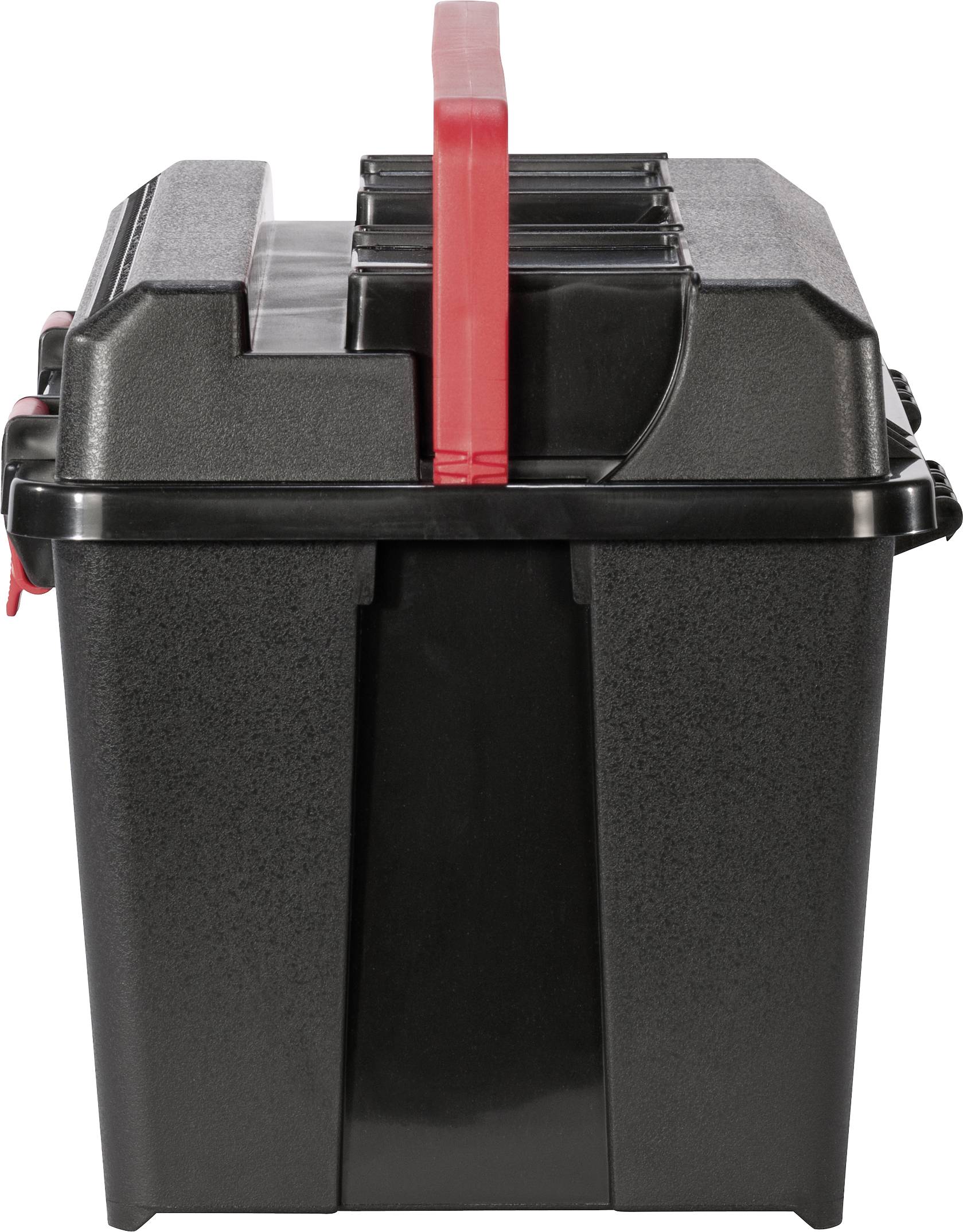 Schwarze Batteriebox mit rotem Griff, seitliche Ansicht. Box ist geschlossen, mit mehreren Fächern oben.