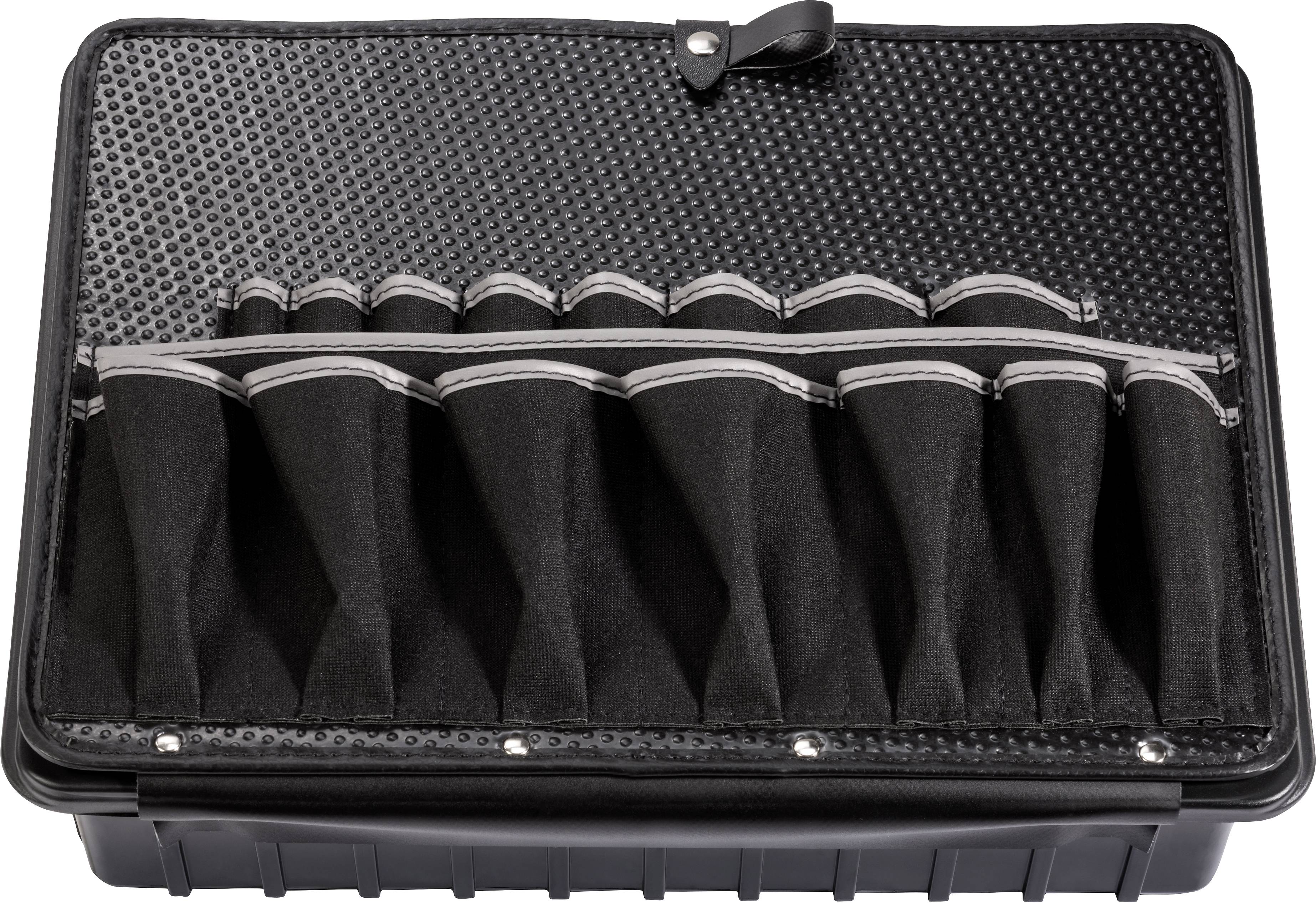 Ein schwarzes, rechteckiges Etui mit mehreren schmalen Taschen, die zur Aufbewahrung von Stiften oder Werkzeugen geeignet sind.