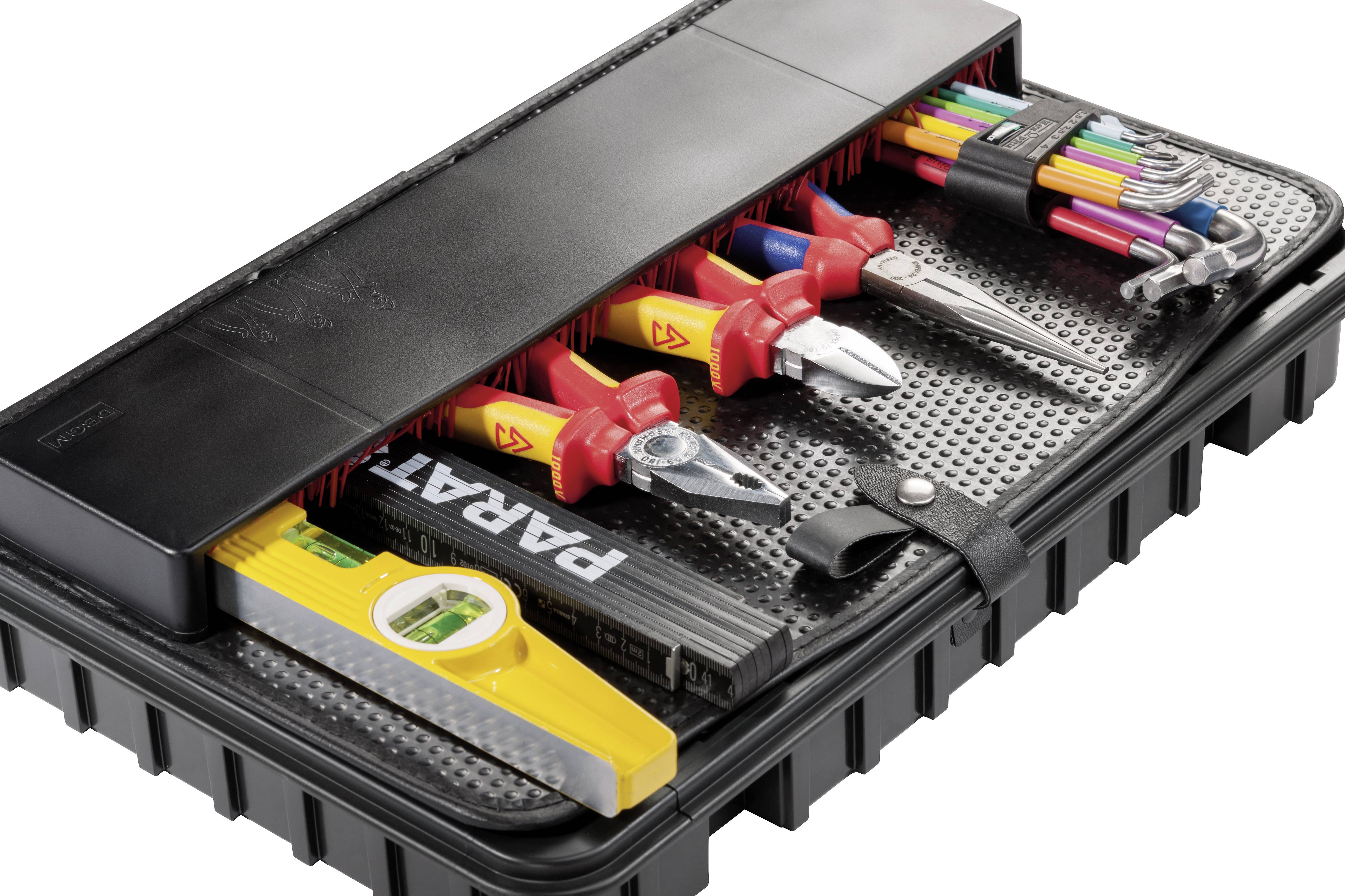 Werkzeugkasten mit Schraubendrehern, Zange und Inbusschlüsseln, sorgfältig organisiert. Enthält auch eine Wasserwaage.