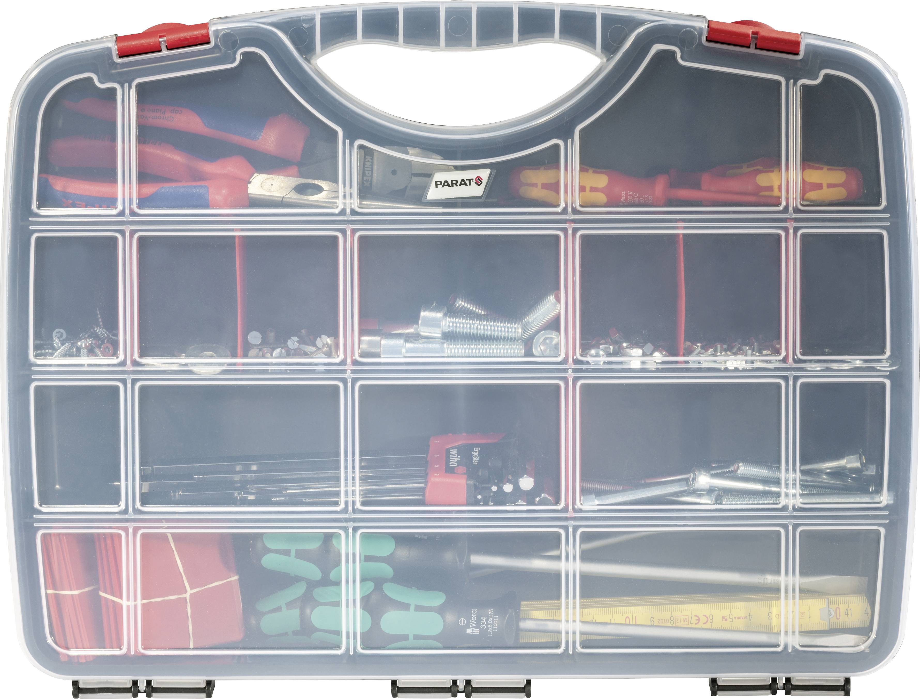 Transparente Werkzeugbox mit verschiedenen Fächern, gefüllt mit Werkzeugen wie Zangen, Schraubenschlüsseln und kleinen Ersatzteilen.