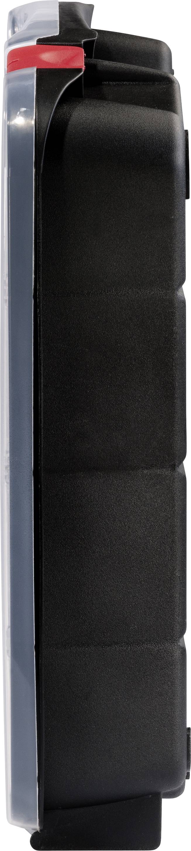 Eine schwarze, rechteckige Patrone mit einem transparenten Kunststoffbereich an der Seite und einem roten Verschluss an der Oberseite.