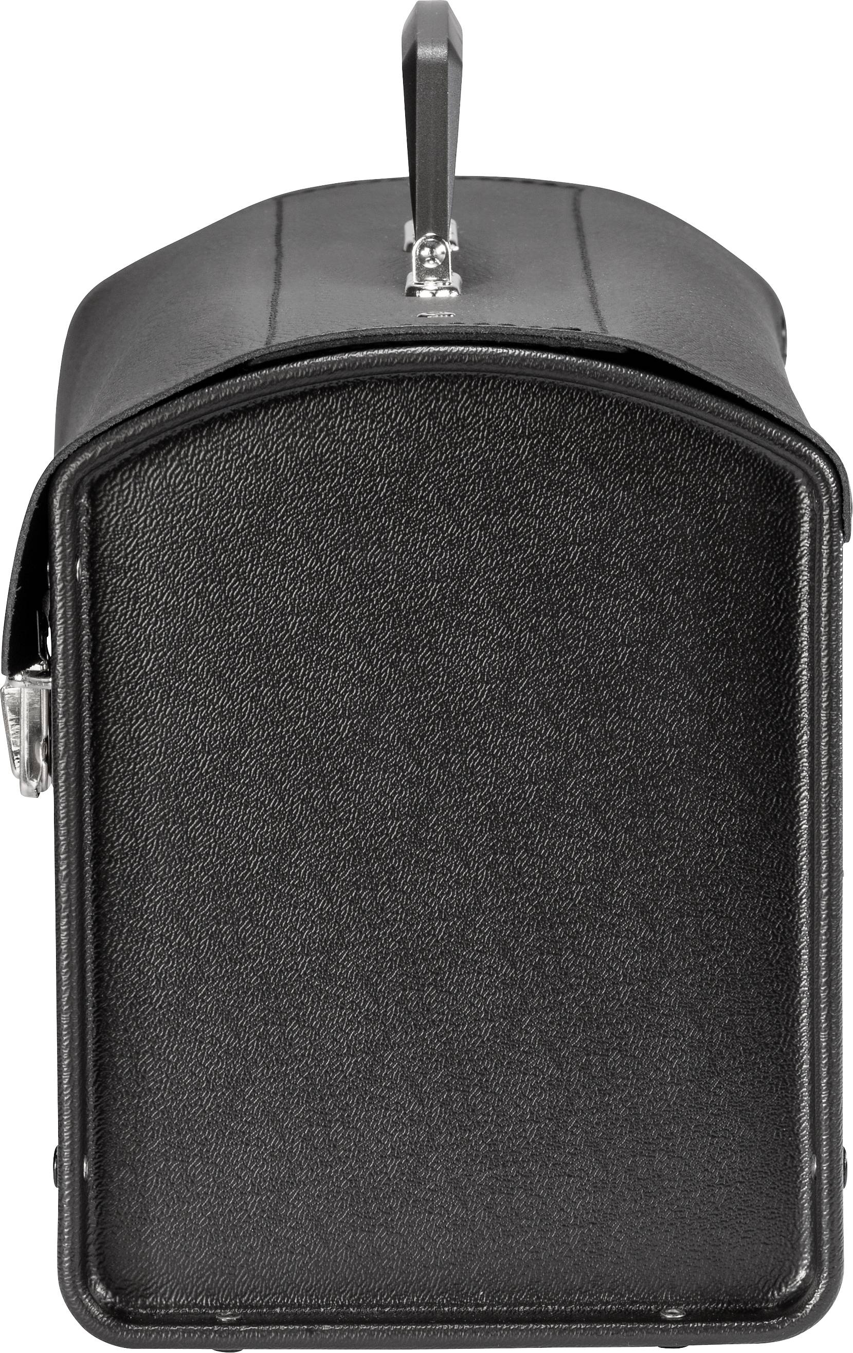 Schwarze, rechteckige Handtasche mit silbernem Verschluss, seitlicher Ansicht. Glatte Oberfläche und abgerundete Oberseite.