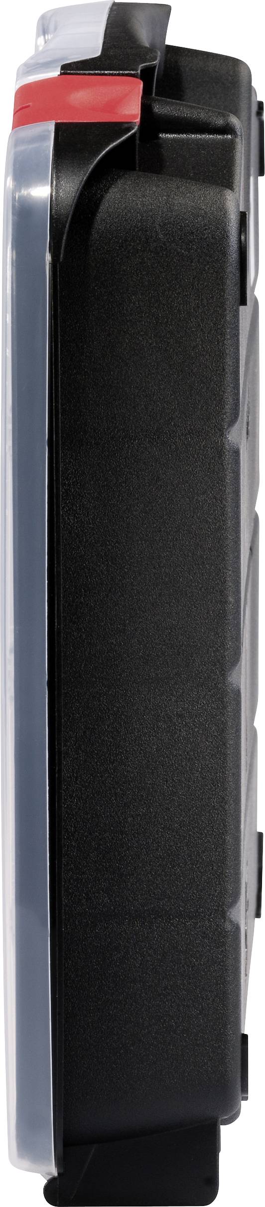 Eine schwarze, rechteckige Box, seitlich gezeigt, mit einem transparenten Deckel und einem roten Verschluss.