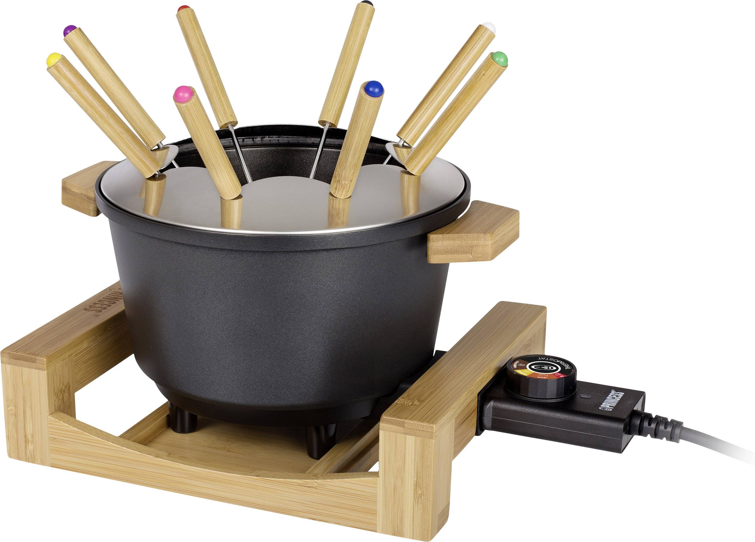 Ein schwarzer Fondue-Topf auf einem Holzständer mit mehreren farbigen Gabeln und einem Temperaturregler an der Seite.
