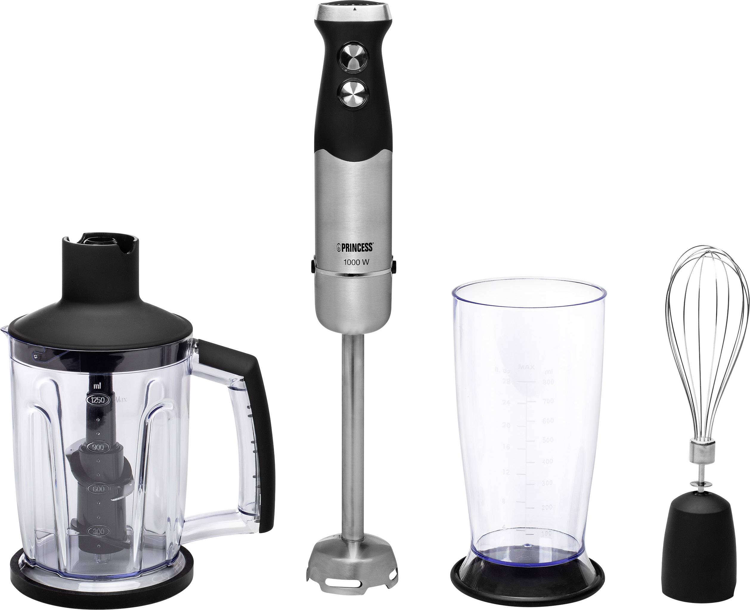 Ein Edelstahl-Stabmixer-Set mit Mixbehälter, Messbecher und Schneebesen, geeignet zum Zubereiten von Suppen und Smoothies.
