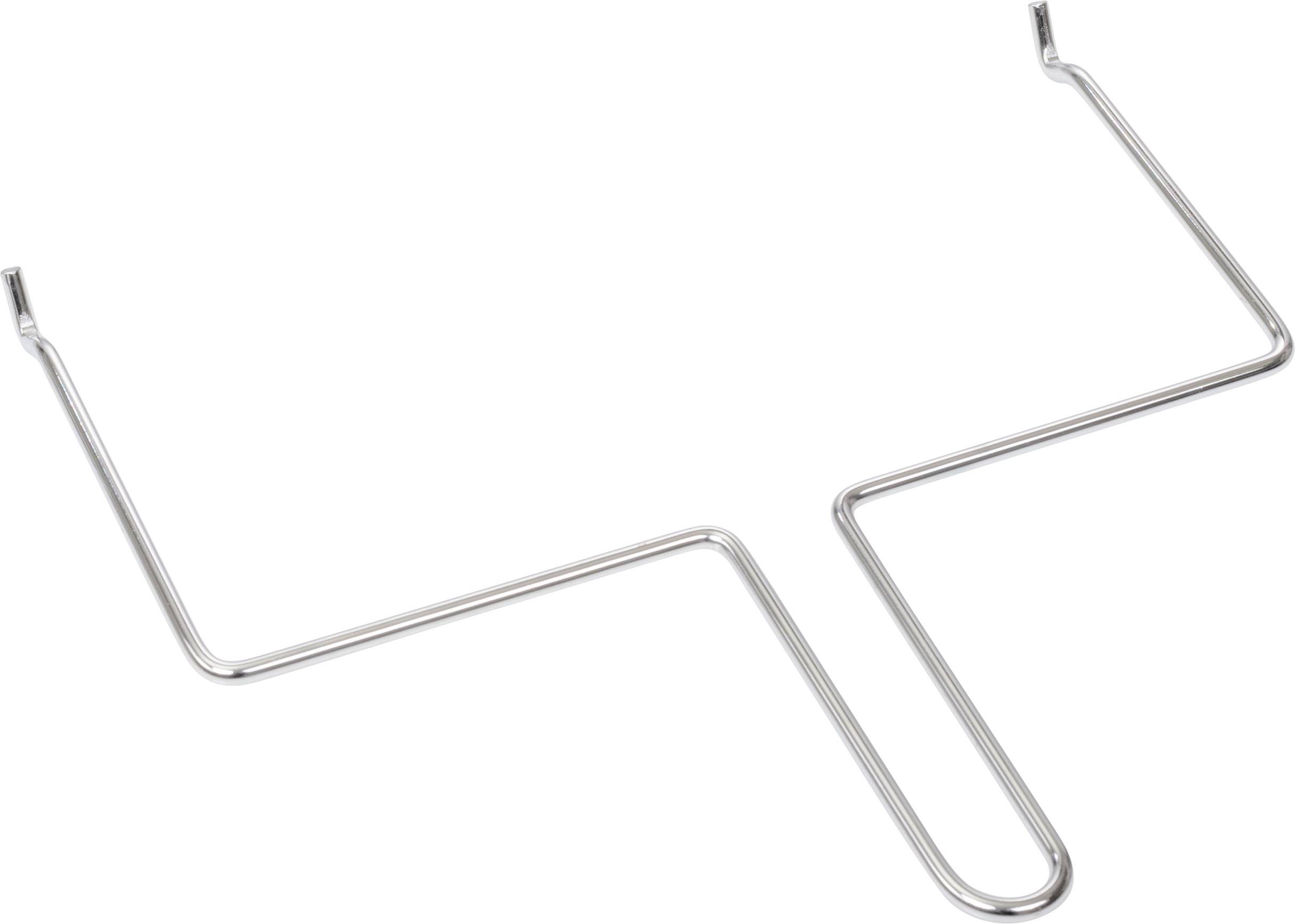 Ein verchromter, gebogener Metallkleiderbügel mit abgerundeten Ecken, vermutlich als Röhrenhalter oder Zubehörhalter verwendbar.