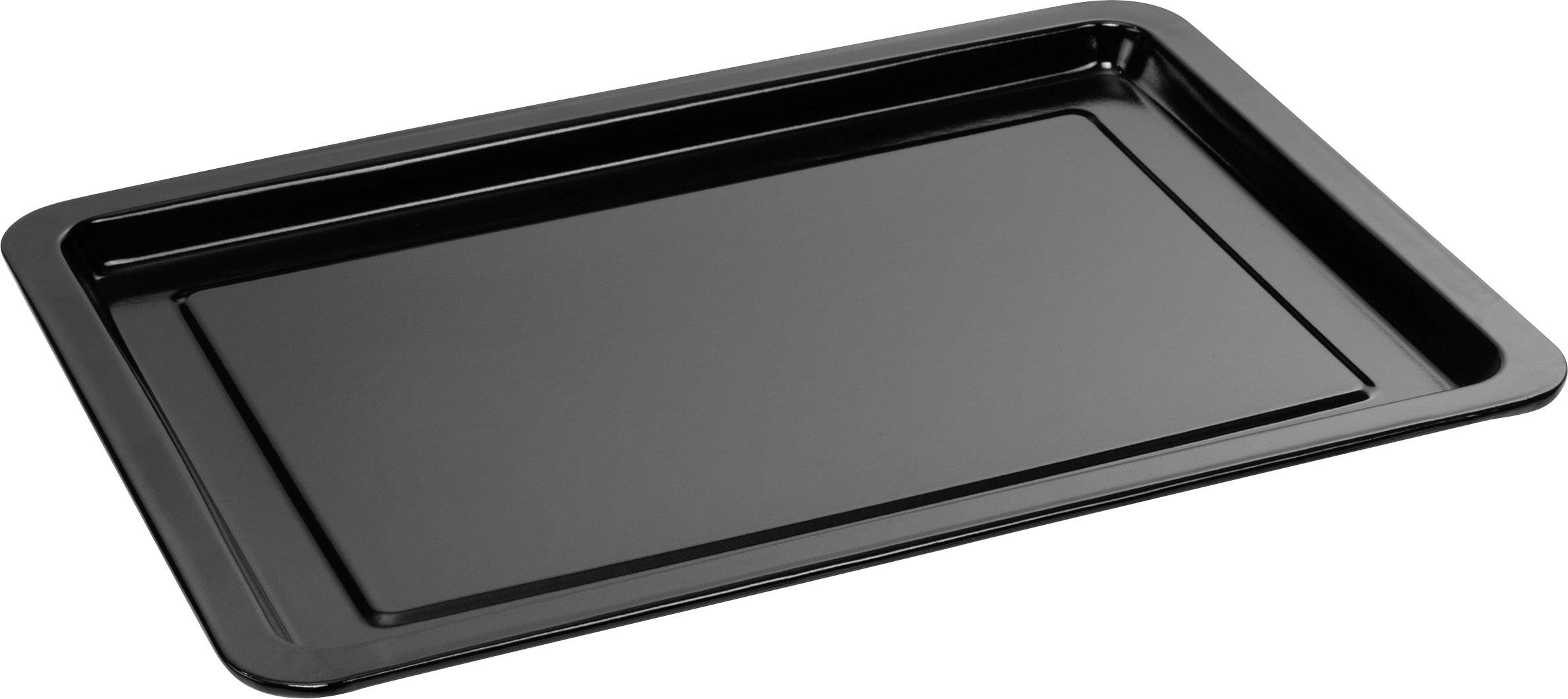 Schwarzes Backblech, rechteckig mit flachem Rand. Geeignet zum Backen im Ofen.