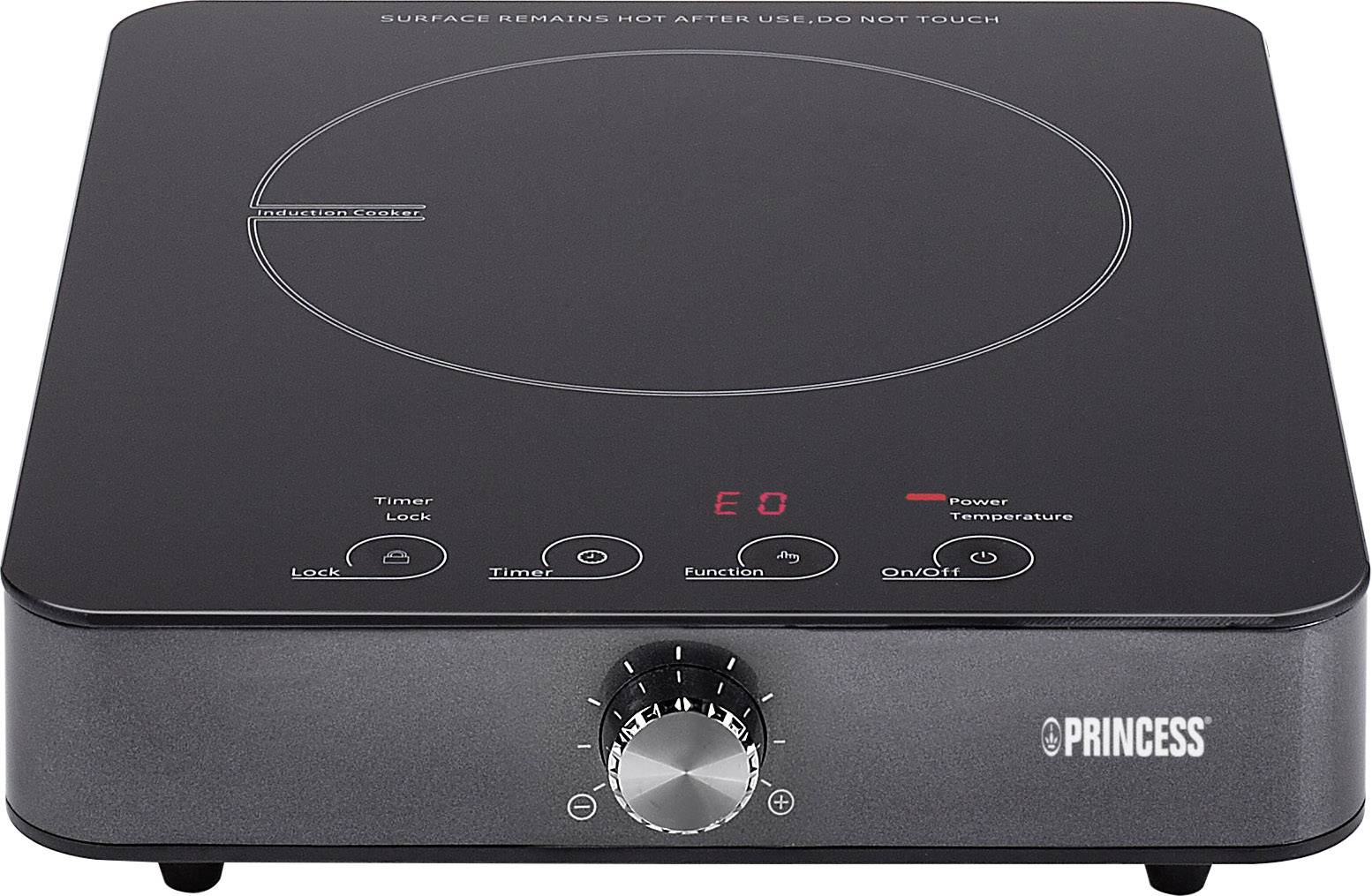 Schwarze Induktionskochplatte mit Drehregler und LED-Anzeige. Markenname unten rechts. Bedienelemente für Timer und Temperatur sichtbar.