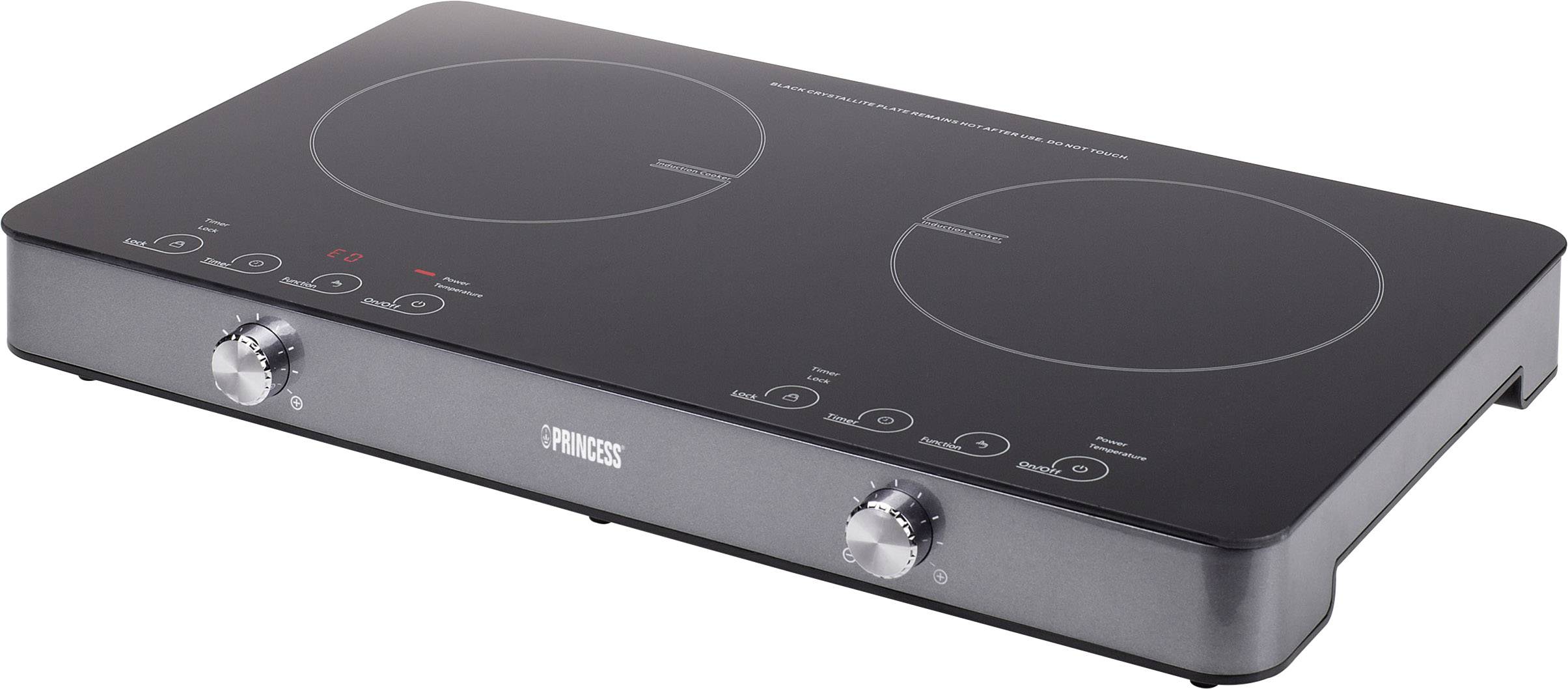Schwarze Doppel-Induktionskochplatte mit zwei Kochfeldern und Bedienelementen vorne. Markenlogo 'Princess' mittig auf der Vorderseite.