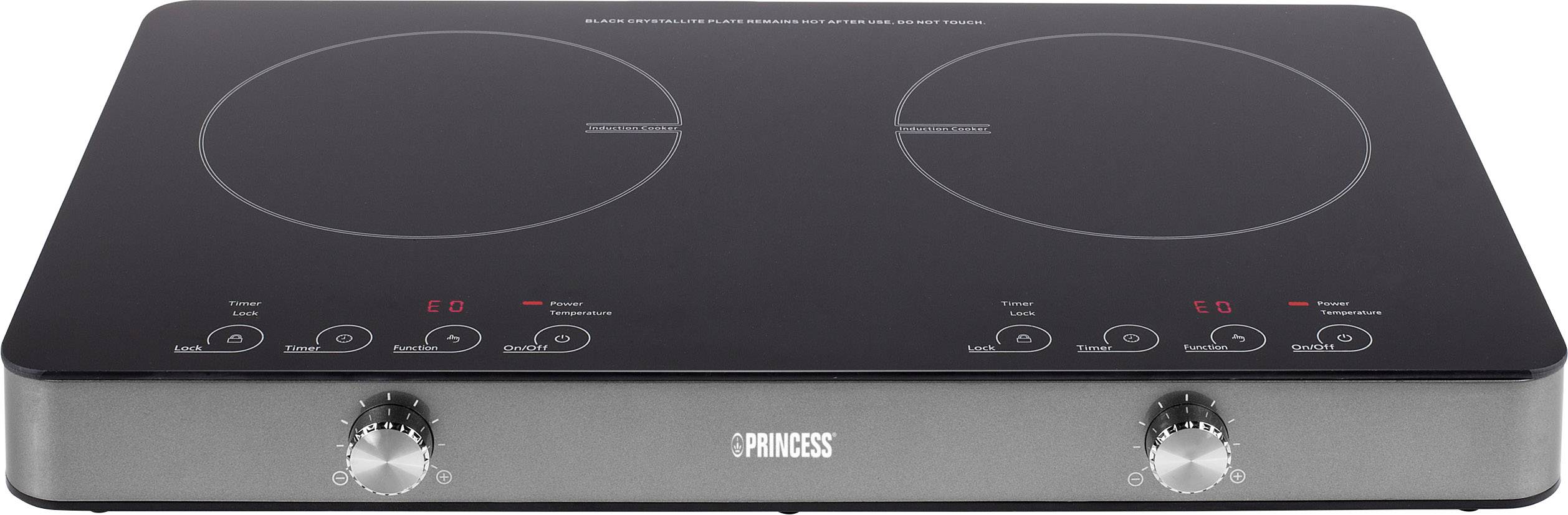 Doppeltes Induktionskochfeld mit zwei Kochzonen, Bedienknöpfen und Digitalanzeige. Geeignet für schnelles und energieeffizientes Kochen.