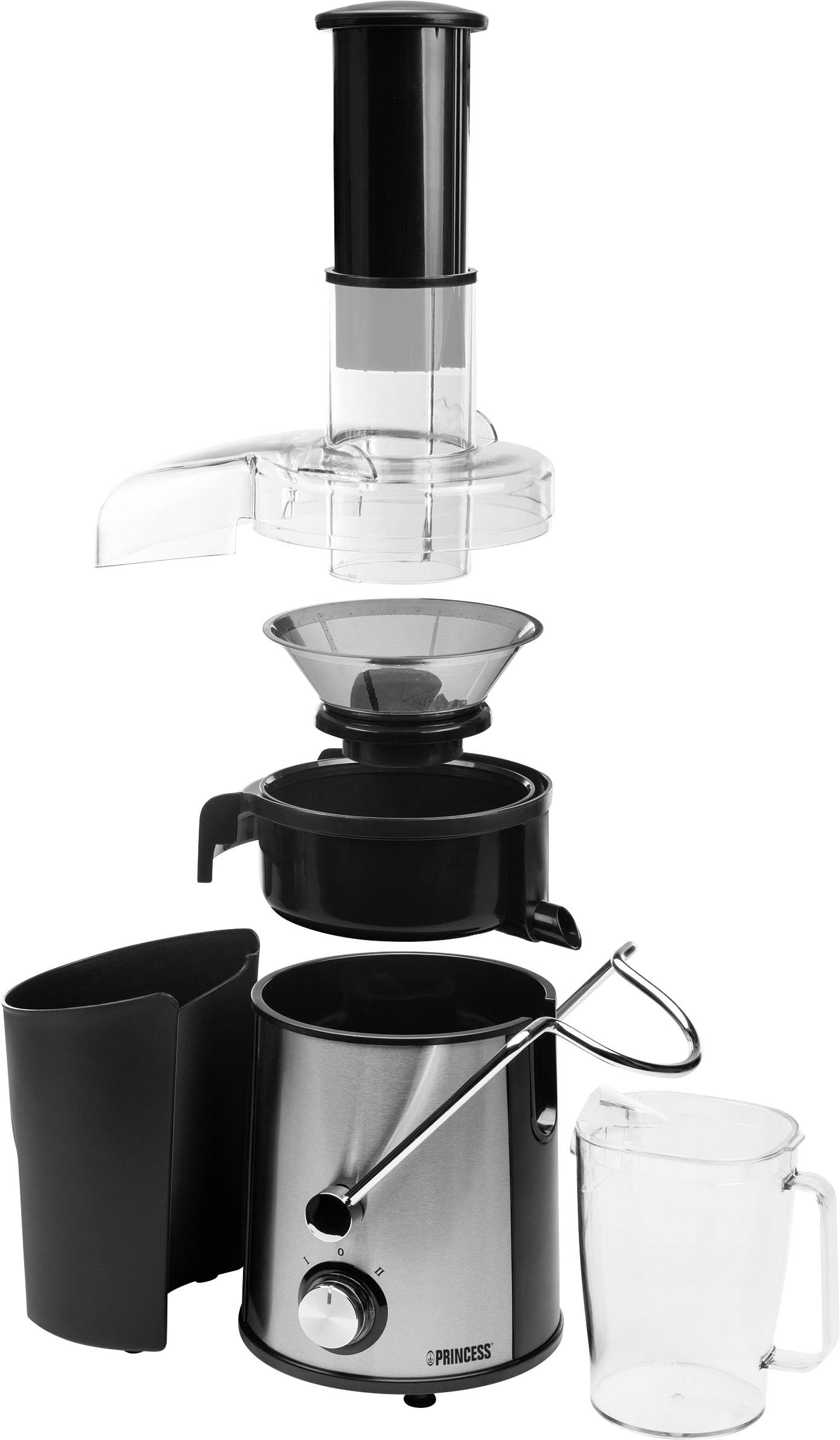 Entsafter mit abnehmbaren Teilen: Einfüllschacht, Sieb, Saftauffang, Edelstahl-Gehäuse mit Bedienknopf und Saftkrug rechts daneben.