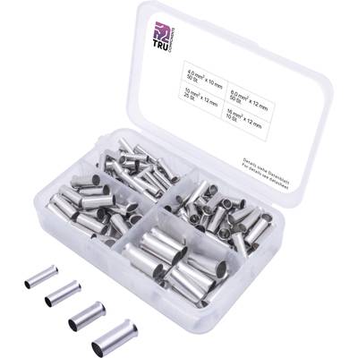 Plastikbox mit mehreren Fächern, gefüllt mit silbernen Aluminiumrohrstücken verschiedener Größen.