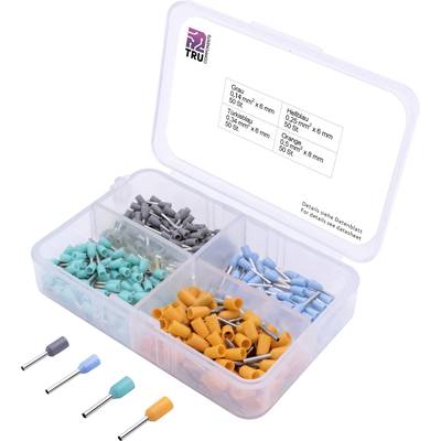 Plastikbox mit vier Fächern, gefüllt mit bunten Kabelschuhen in Grau, Türkis und Orange. Deckel zeigt Größeninformationen.