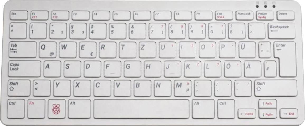 Weiße Computertastatur im deutschen QWERTZ-Layout mit roten und schwarzen Zeichen auf den Tasten. Links unten ist ein Himbeersymbol.