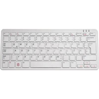 Weiße Computertastatur im deutschen QWERTZ-Layout mit roten und schwarzen Zeichen auf den Tasten. Links unten ist ein Himbeersymbol.