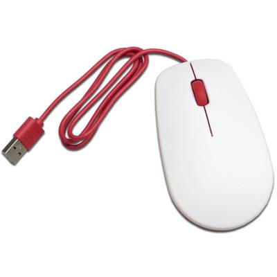 Weiße Computermaus mit rotem Scrollrad und USB-Kabel, auf einem weißen Hintergrund.