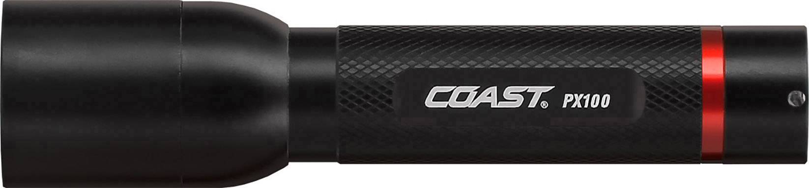 Schwarze Taschenlampe mit der Aufschrift 'COAST PX100' auf der Seite. Die Oberfläche ist strukturiert, mit einem roten Ring in der Nähe des Endes.