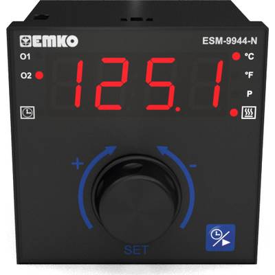 Ein schwarzes Temperaturanzeigegerät mit roter LED-Anzeige zeigt '125.1'. Es hat eine Drehknopfsteuerung und Symbole für Celsius und Fahrenheit.