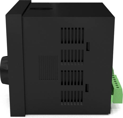 Ein schwarzes elektronisches Gerät mit Lüftungsschlitzen an der Seite und grünen Anschlüssen auf der Rückseite.
