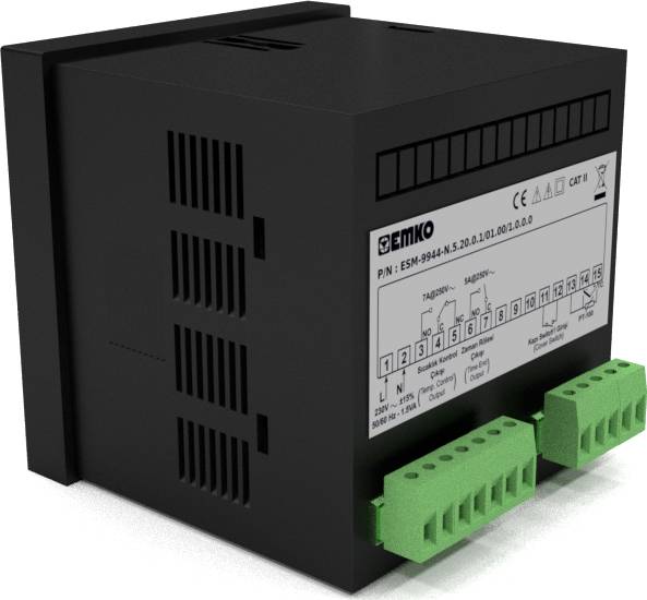 Schwarzes modulares Gerät mit grünen Anschlussklemmen, markiert mit 'EMKO ESM-9940-N.5'. Beschriftungen für Anschlüsse und Spezifikationen sichtbar.