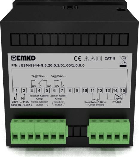 Ein schwarzes elektrisches Gerät mit grünem Anschlussblock, Modellnummer oben, Funktionsschema vorne, geeignet für Steuerungssysteme.