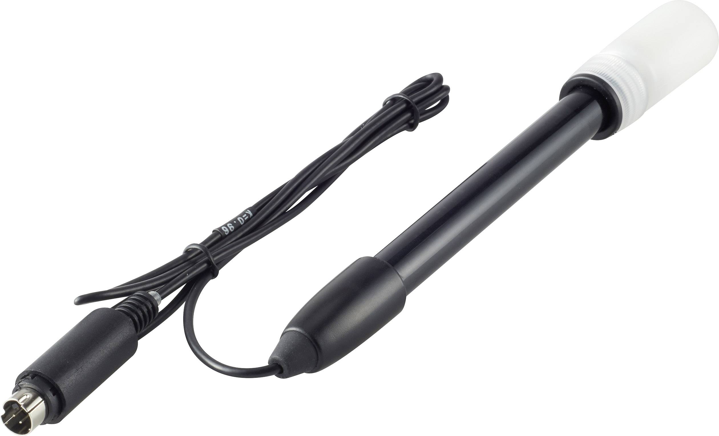 Schwarz-weißer PH-Sensor an einem Kabel, verwendet zur Messung des Säuregrads in Flüssigkeiten.