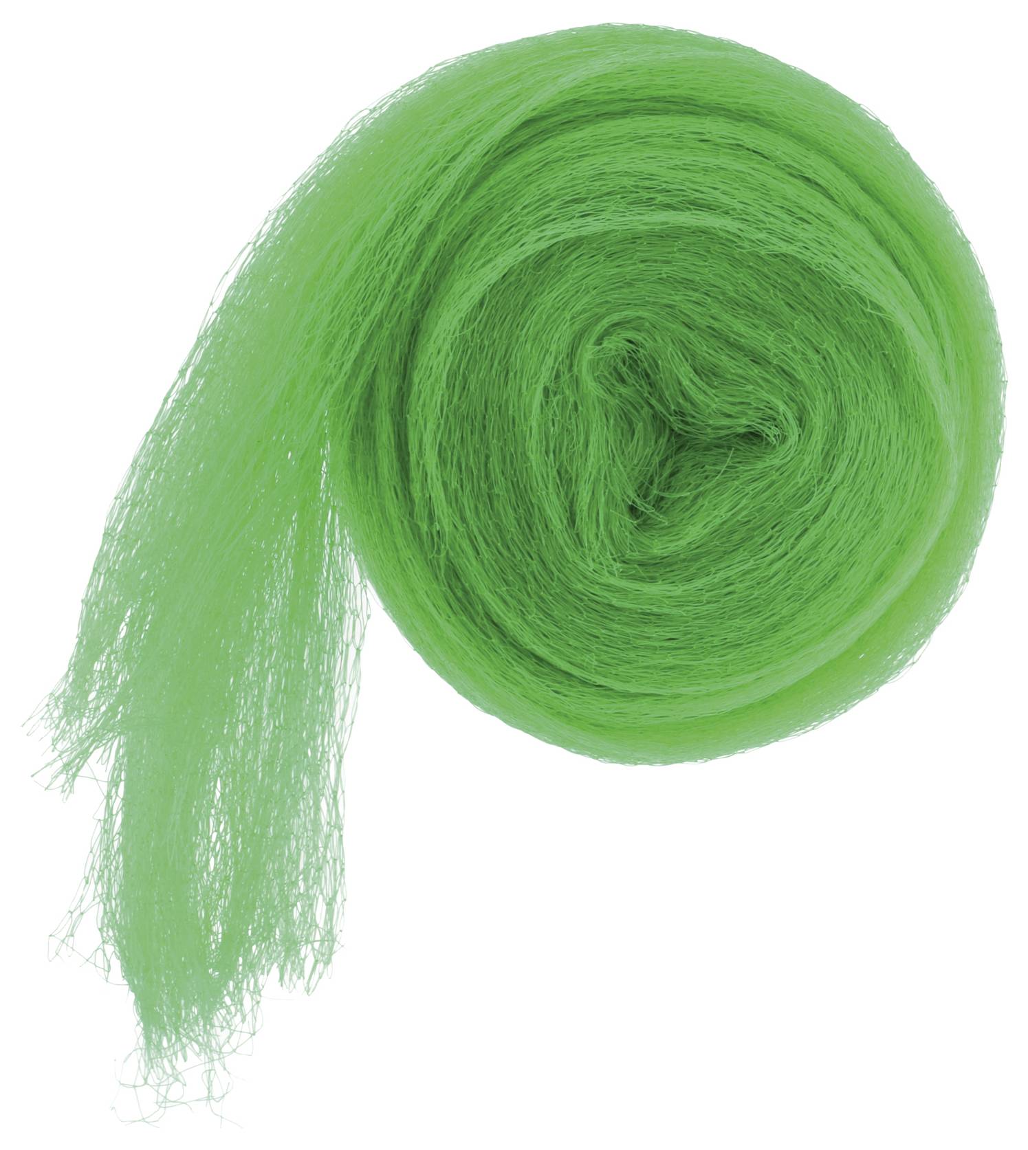 Eine Rolle lebendigen grünen Wollrovings, eng spiralförmig gewickelt, mit weichen, luftigen Fasern, die an den Kanten herausragen.