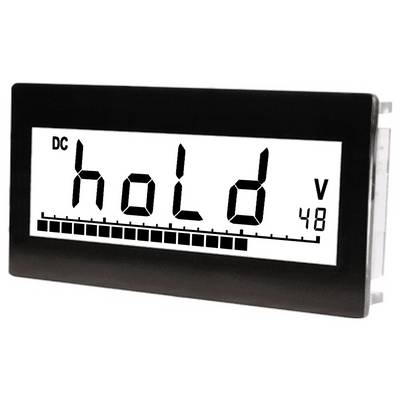 Das Bild zeigt eine digitale Anzeige mit der Aufschrift "hold" und einer Messung von 48 Volt, gekennzeichnet durch "V" und "DC". Unterhalb des Textes befindet sich ein Balkendiagramm.