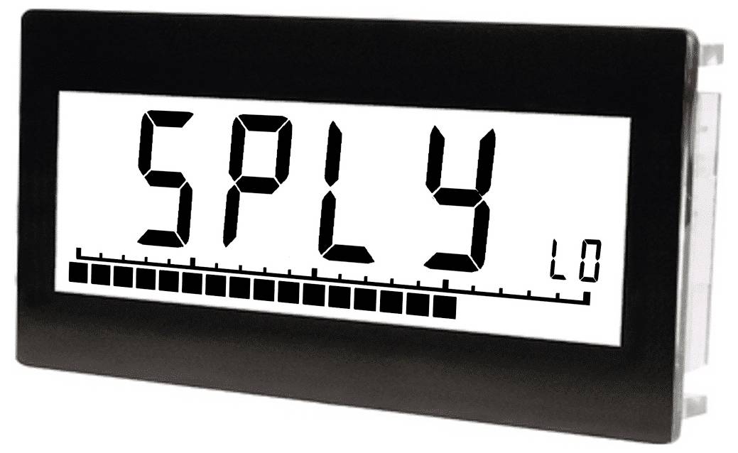 Digitaler Bildschirm mit der Anzeige 'SPLY' und einem horizontalen Balkendiagramm sowie 'LO', was auf einen niedrigen Versorgungsstand hindeutet. Schwarzer Rahmen um den Bildschirm.