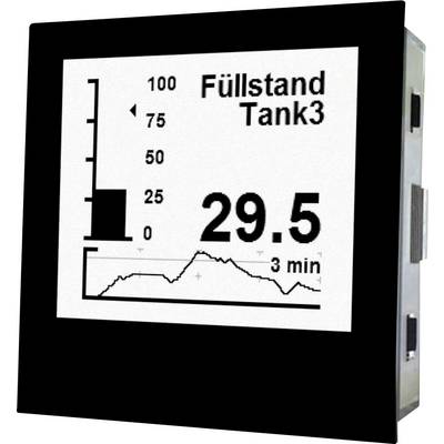 Ein Bildschirm zeigt ein Diagramm mit dem Titel 'Füllstand Tank3', eine Skala von 0 bis 100 und einen aktuellen Wert von 29,5 über 3 Minuten.