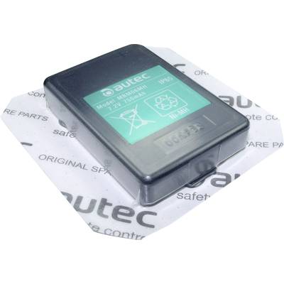 Ein rechteckiger Akku mit grünem Etikett, das Modell 'Made06Li', Daten: '9,6V 1500mAh', Logo und Kennzeichnung 'IP65'. Verpackt in Autec-Schutzfolie.