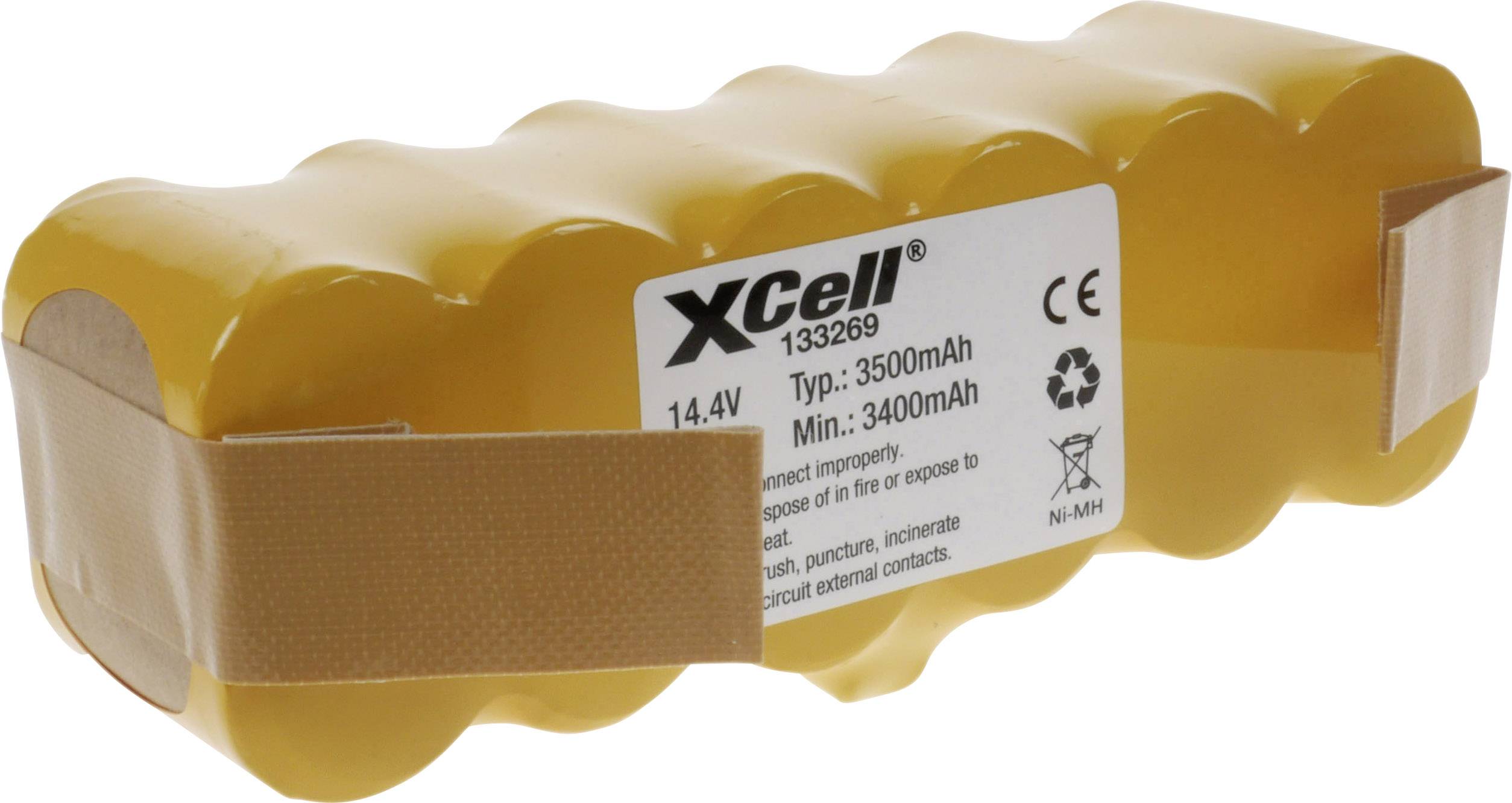 Gelber Akkupack mit der Aufschrift 'XCell 14,4V 3500mAh, Min. 3400mAh, Ni-MH'. Rechteckige Form mit abgerundeten Kanten.