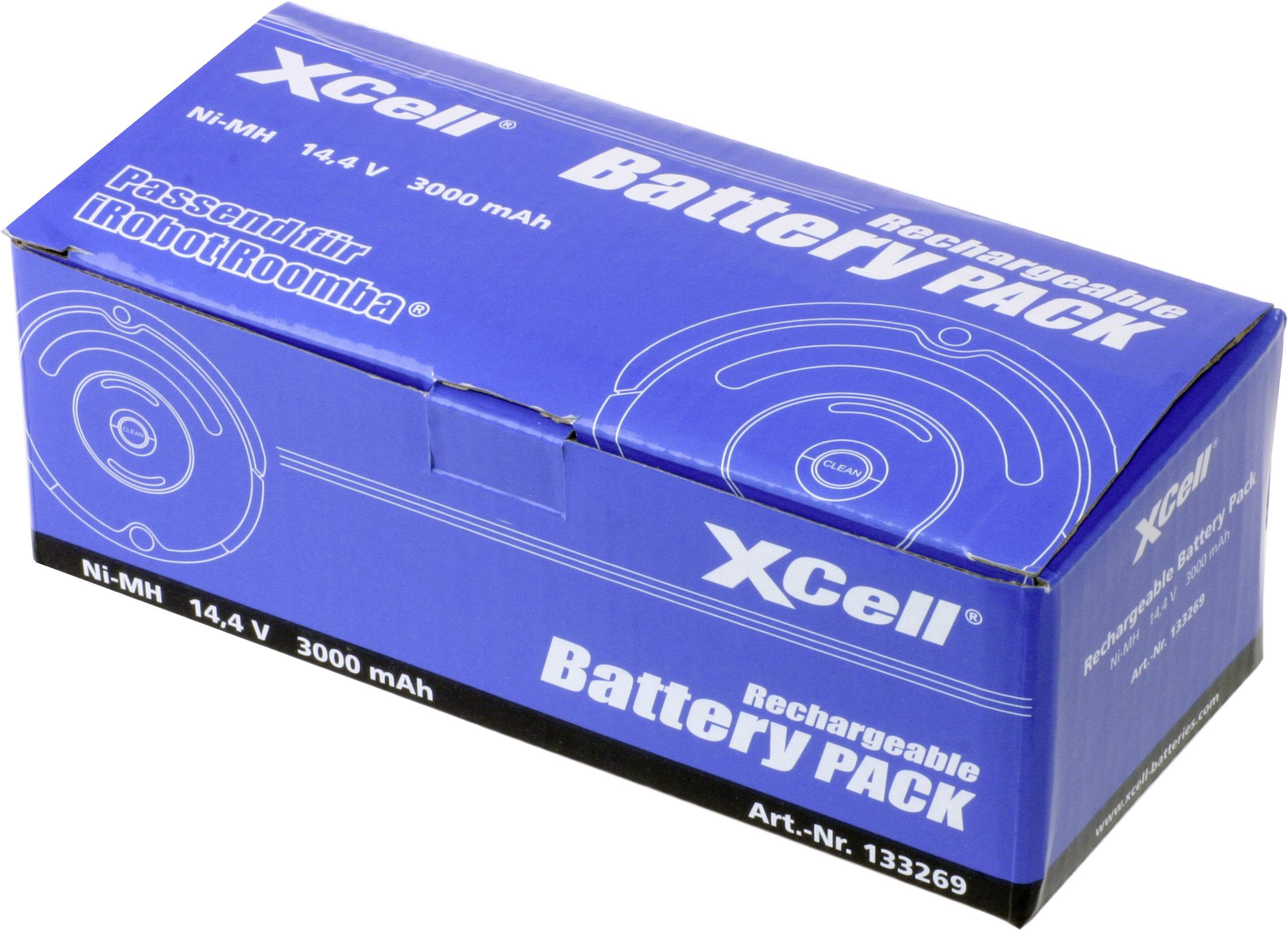 Blauer Karton mit Aufschrift 'XCell Battery PACK', passend für iRobot Roomba. Ni-MH, 14.4 V, 3000 mAh. Art.-Nr. 133269.