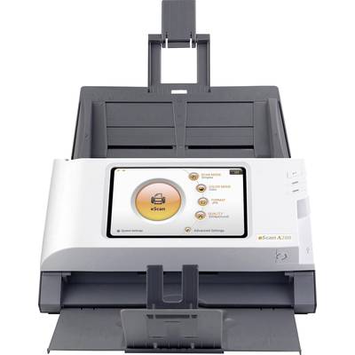 Ein weißer Scanner mit einem digitalen Display auf der Vorderseite zeigt Optionen wie 'Scan-Modus', 'Farbmodus' und 'Formatauswahl'.