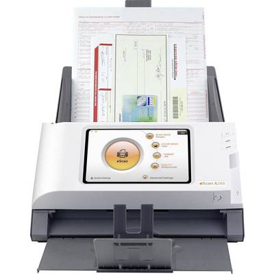 Ein Scanner digitalisiert einen Scheck und ein Formular. Das Display zeigt verschiedene Scan-Modi.