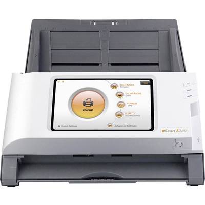 Flachbettscanner mit Touchscreen-Display zeigt Benutzeroberfläche zur Dokumentenerfassung; unterstützt Scan-Modus, Farbmodus und Auflösungseinstellungen.