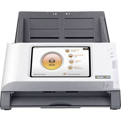 Ein Scanner mit einem Bildschirm zeigt die Optionen 'Scan Mode', 'Color Mode', 'Format' und 'Quality'.
