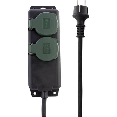 Doppelte, schwarze Außensteckdose mit zwei grünen Abdeckungen und einem schwarzen Stecker.