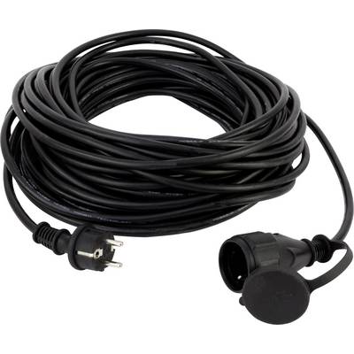 Eine lange, aufgewickelte schwarze Verlängerungsschnur mit europäischem Stecker und Buchse, geeignet für den Außeneinsatz.